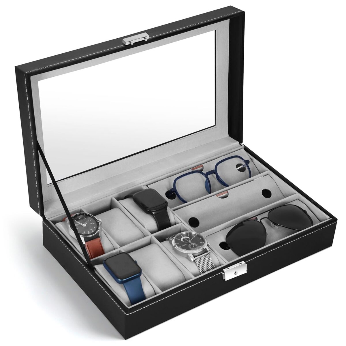 Wrist Watch and Sunglasses PU Leather Case Organizer Glass Display 6 Removable Slot for Watch and 3 Slot for Sunglasses