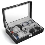 Wrist Watch and Sunglasses PU Leather Case Organizer Glass Display 6 Removable Slot for Watch and 3 Slot for Sunglasses
