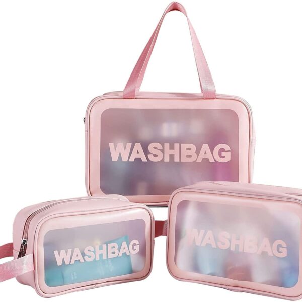 Multi-Functional Makeup Pouch for Women | Waterproof PVC Cosmetic Bags for Girls | Toiletry Storage Wash Bag | Travel Organizer for Bath Accessories & Grooming Kit, Set of 3 Pouches (Pink & blue)