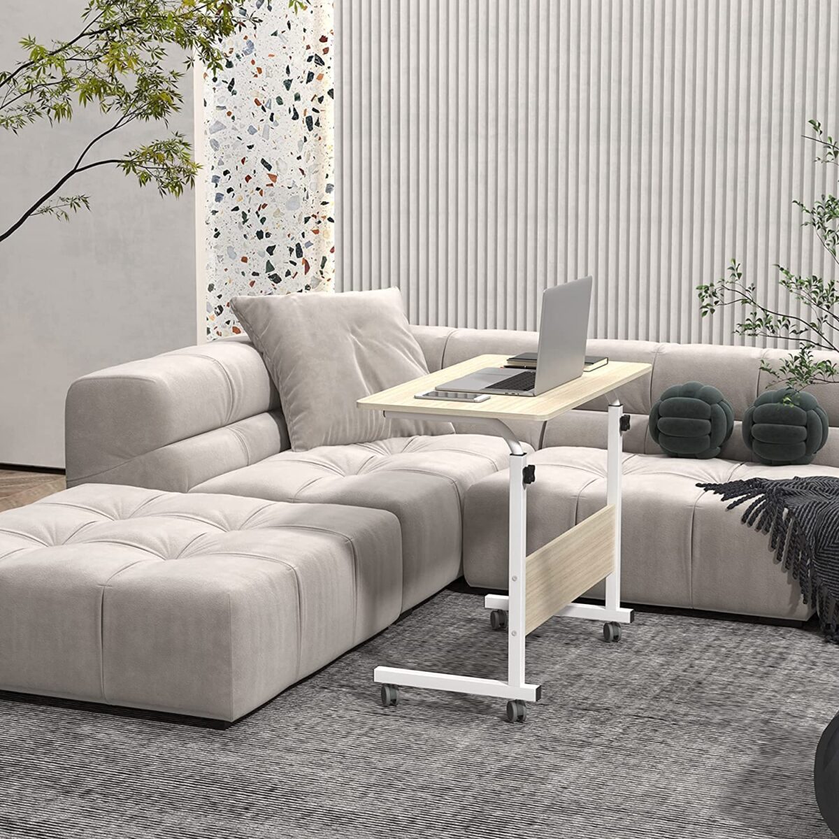 Multi Purpose Laptop Table Adjustable Portable Standing Wooden Laptop Study Multipurpose Bed Side and Sofa Side Table with Wheel