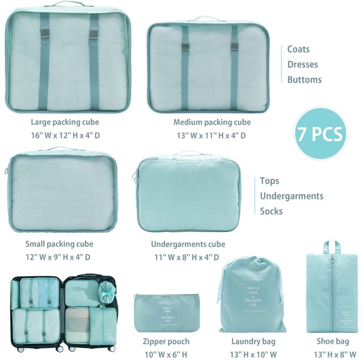 7pcs Set Travel Organizer Packing Cubes Lightweight Travel Luggage Organizers with Laundry Bag or Toiletry Bag Laundry Organiser (Multicolor)