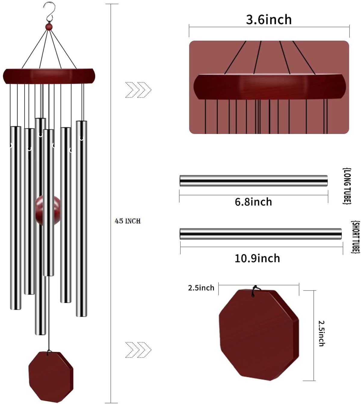 Wind Chimes For Outside, Wind Chimes Outdoor Deep Tone With 6 Metal Tubes And Hook, Memorial Wind Chimes Home Outdoor Decor For Garden, Patio, Yard, Silver