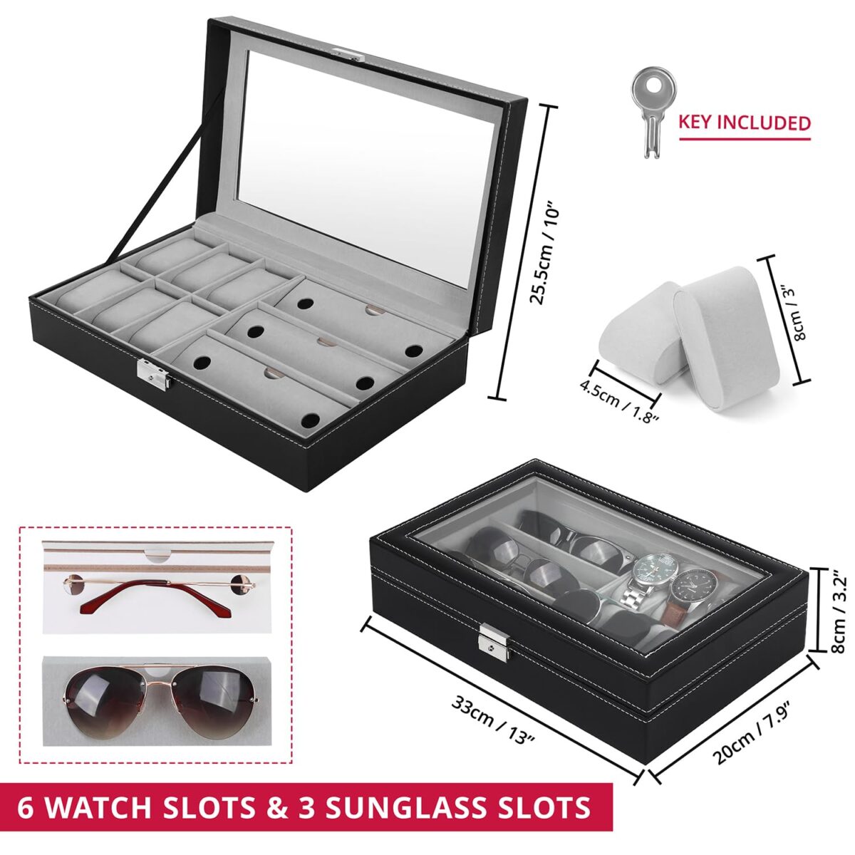 Wrist Watch and Sunglasses PU Leather Case Organizer Glass Display 6 Removable Slot for Watch and 3 Slot for Sunglasses
