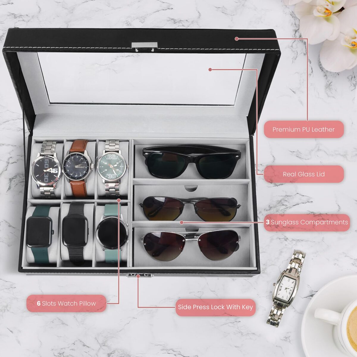 Wrist Watch and Sunglasses PU Leather Case Organizer Glass Display 6 Removable Slot for Watch and 3 Slot for Sunglasses