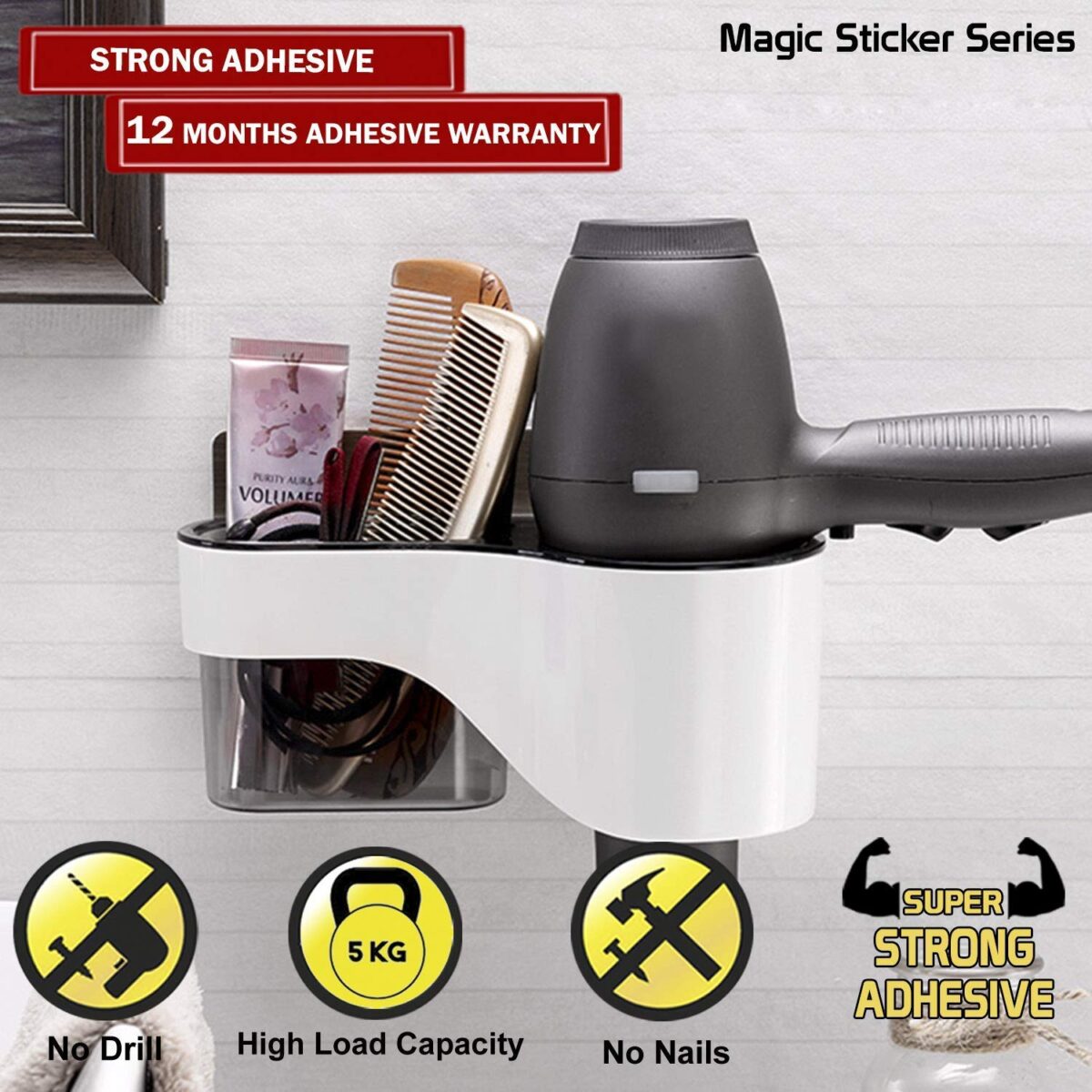 Hair Dryer Stand and Hair Accessories Organizer with Magic Sticker, Bathroom Hanging Rack Storage Multi-Function Toilet Storage Rack, Hairdryer Holder, with Standard Size