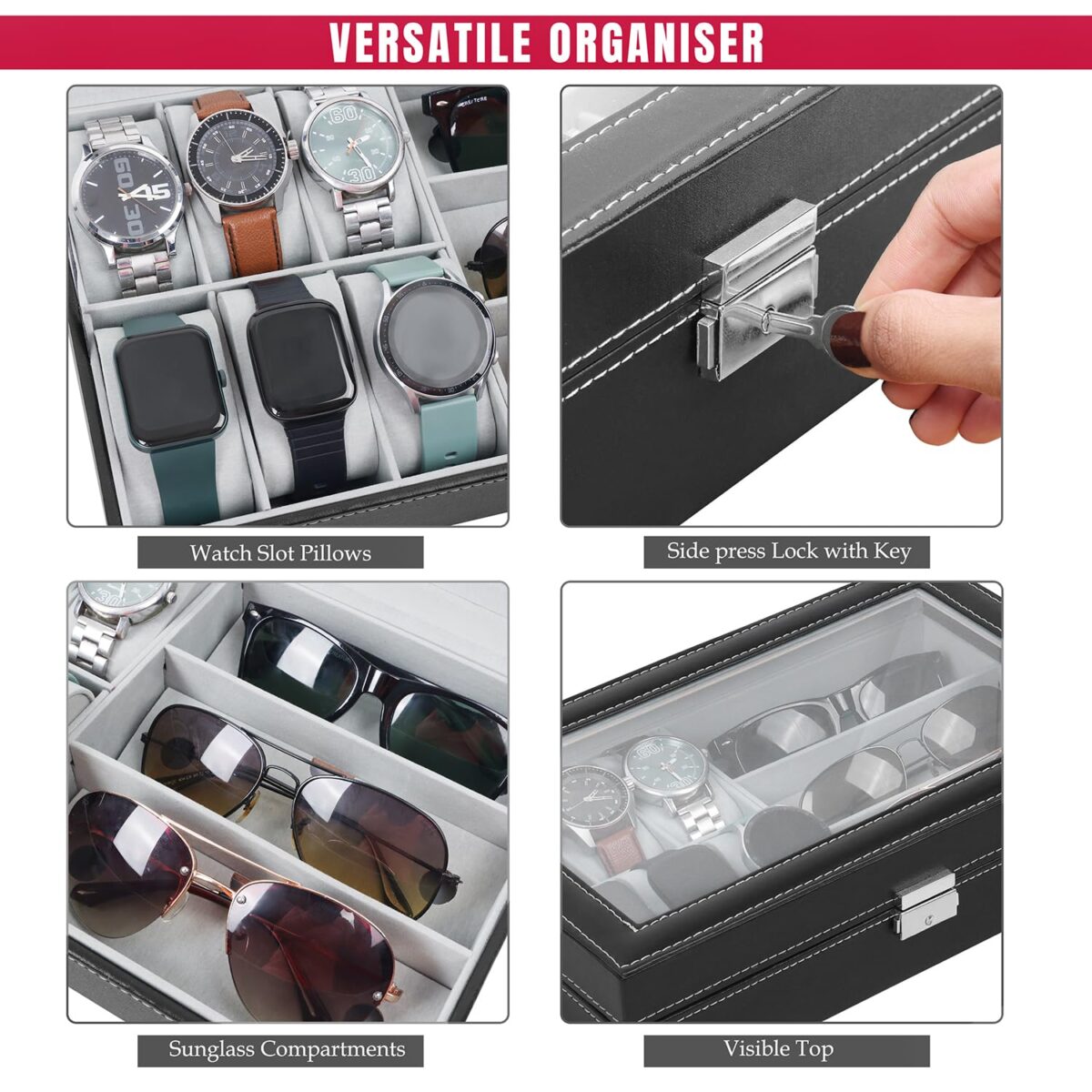 Wrist Watch and Sunglasses PU Leather Case Organizer Glass Display 6 Removable Slot for Watch and 3 Slot for Sunglasses