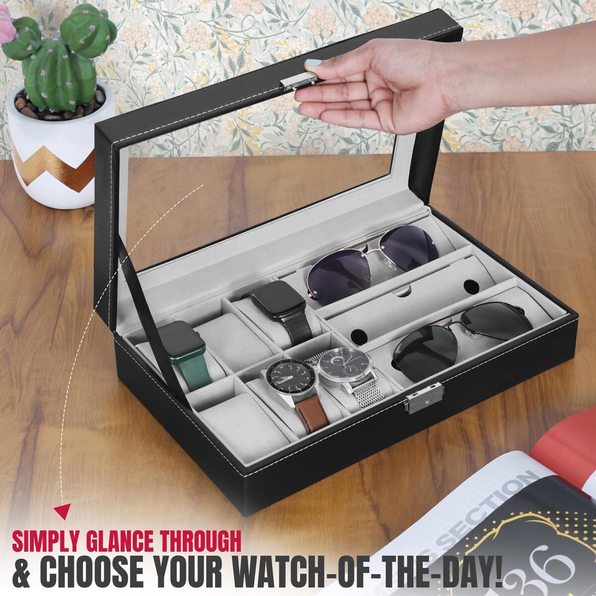 Wrist Watch and Sunglasses PU Leather Case Organizer Glass Display 6 Removable Slot for Watch and 3 Slot for Sunglasses