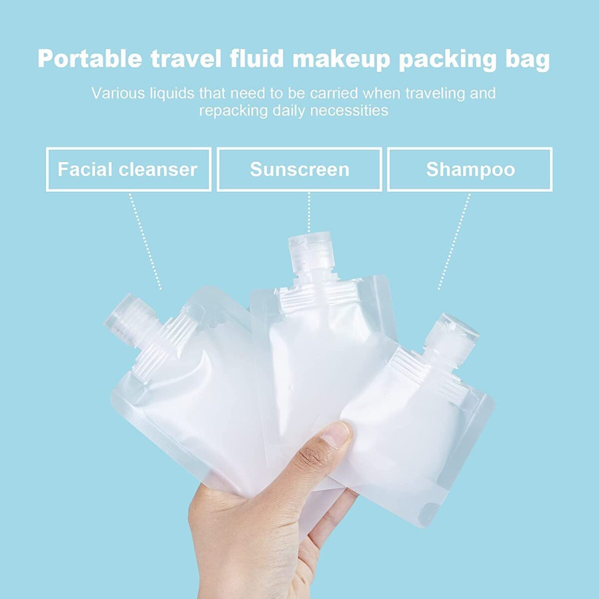 3Pcs Travel Size Plastic Refillable Pouches Empty Squeeze Bag Reusable Toiletry Pouch Containers Stand Up Pouch with Spout for Liquid Cosmetic/Lotion/Shampoo/Face Wash