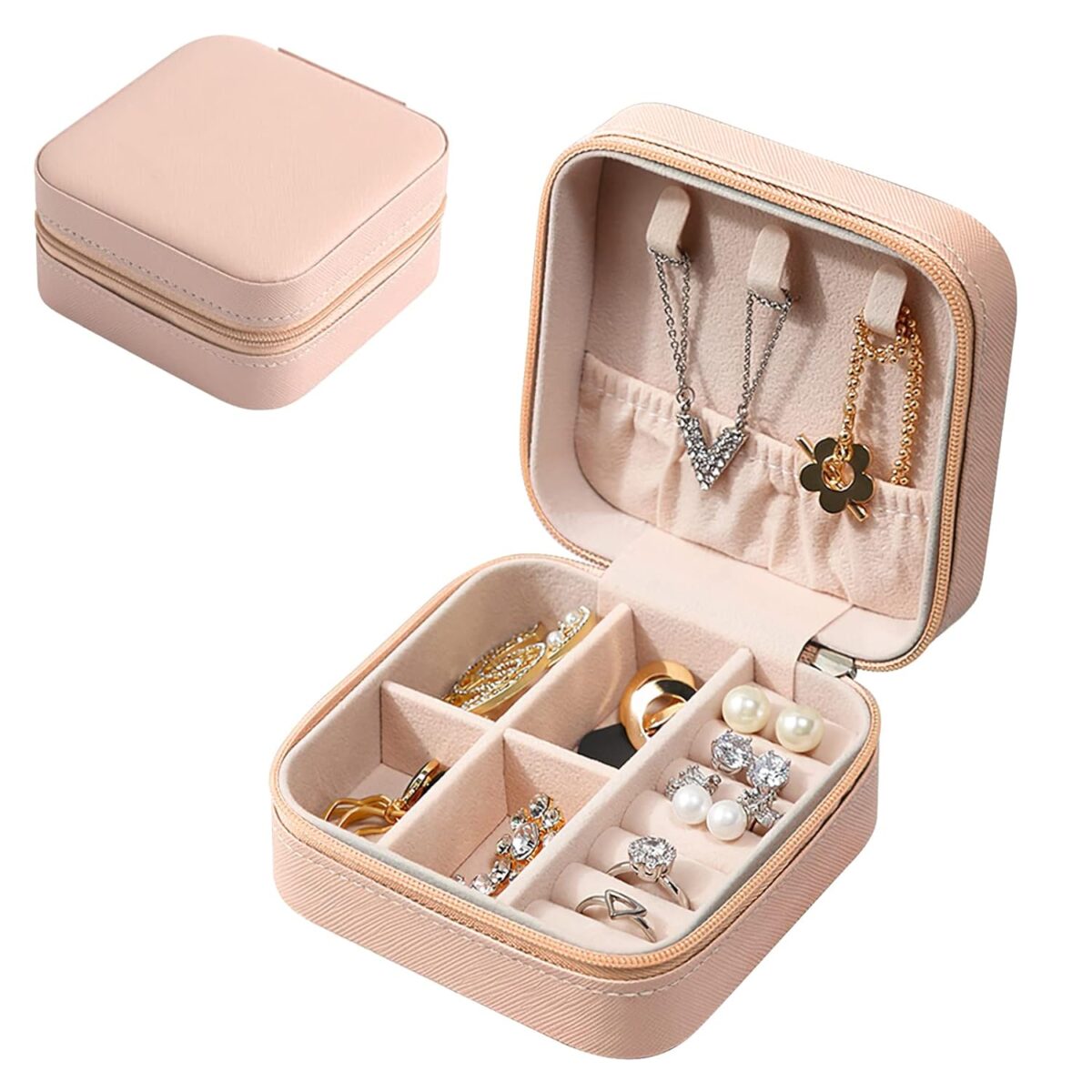 Portable PU Leather Small Travel Jewelry Organizer Storage Box for Women Travel Ring, Pendant, Earring, Necklace