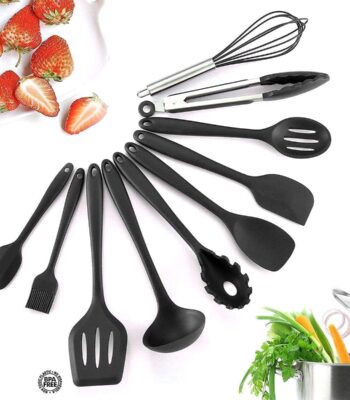 10PCS Silicone Spatula Set, Heat-Resistant Silicone Kitchenware, Silicone Kitchen Baking Cooking Utensils Sets and Supplies for Home Cooking (Black colour)(Pack of 1)