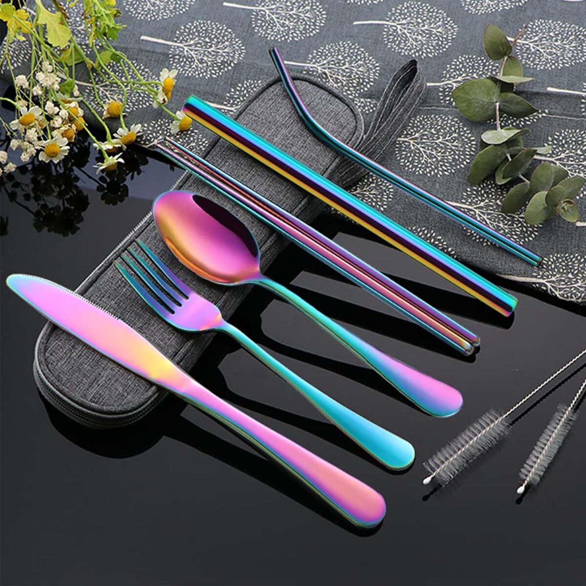 8-PCS Rainbow Cutlery Set | Colorful Portable Utensils Set | Reusable Silverware Cutlery for Outdoor,Travel,Camping | Stainless Steel Flatware & Dinnerware Set (Set of 1,Multicolor)