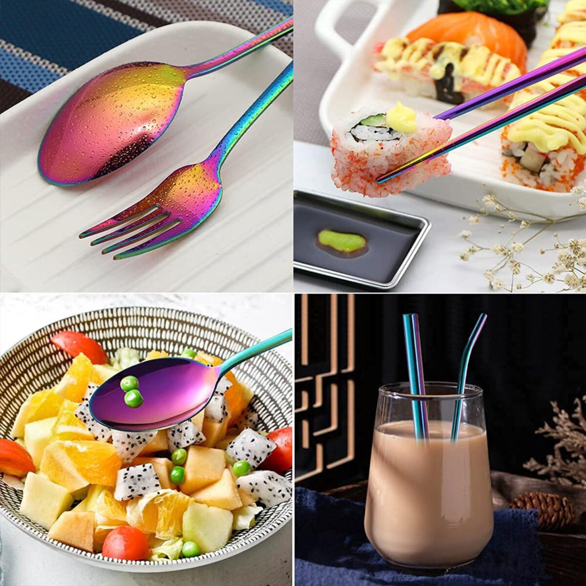 8-PCS Rainbow Cutlery Set | Colorful Portable Utensils Set | Reusable Silverware Cutlery for Outdoor,Travel,Camping | Stainless Steel Flatware & Dinnerware Set (Set of 1,Multicolor)