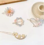 Latest Korean Fancy Bling Pearl Hair Clips Lock Hair Clip Pin Mini Clutcher Hair Accessories Set For Women Girls Girlfriend Ladies Long Short Hair Elegant-4PCS (FLOWER)