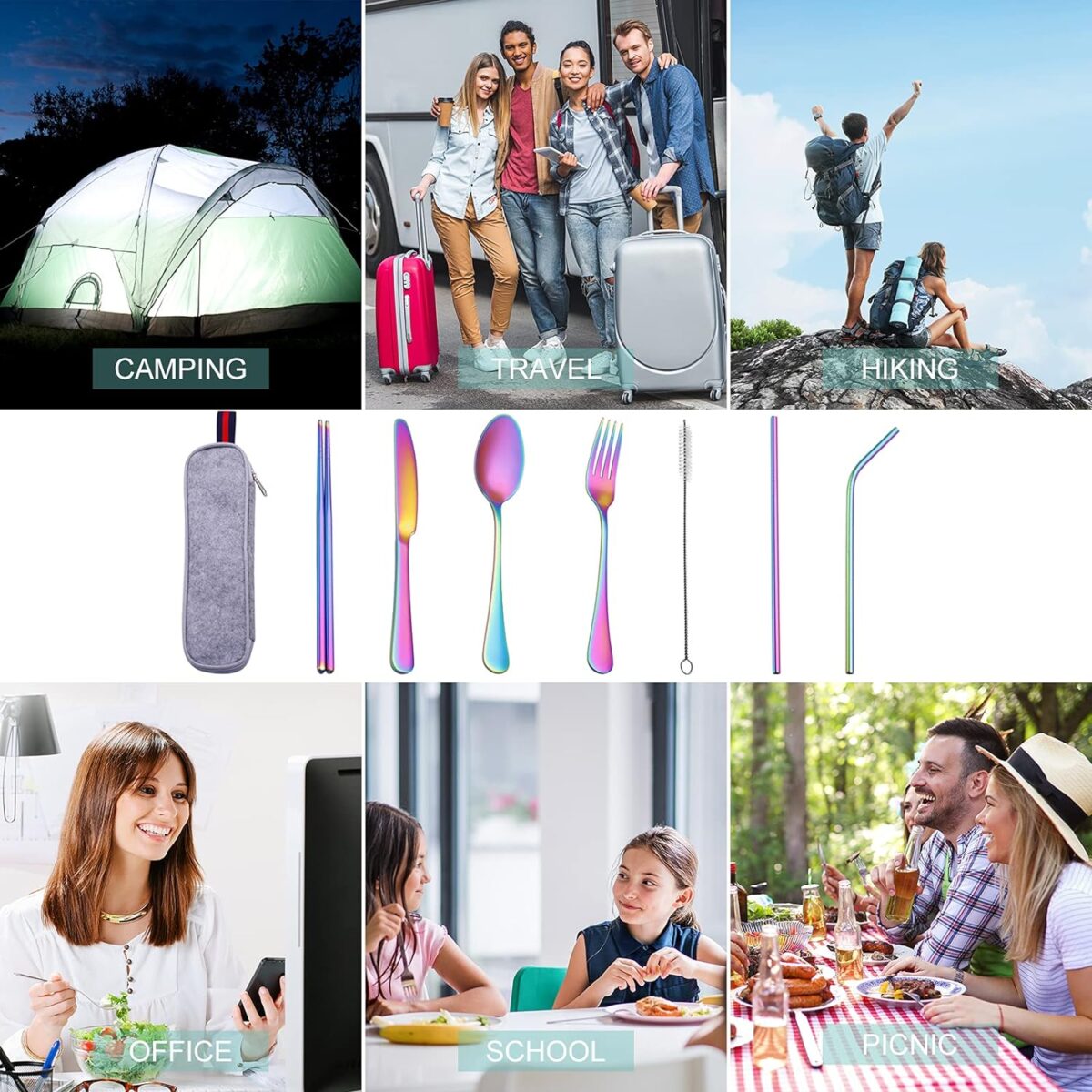 8-PCS Rainbow Cutlery Set | Colorful Portable Utensils Set | Reusable Silverware Cutlery for Outdoor,Travel,Camping | Stainless Steel Flatware & Dinnerware Set (Set of 1,Multicolor)