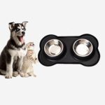 Dog Bone Shaped Stainless Steel Pet Bowl Combo with Non-Slip Foldable Silicone Base, Double Feeding Bowl Combo for Providing Food and Water to Beloved Dog, Puppies & Cats, Black (Pack of 1)