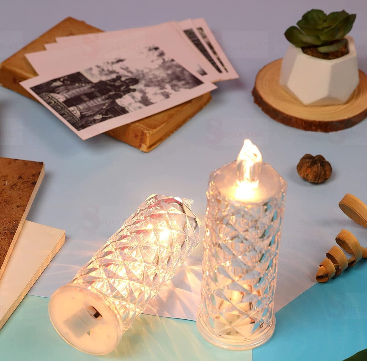 LED Candle Lamp with Rose Halo Refraction, Battery Operated Diamond Pillar Flameless Candle LED Electronic Candle Light On/Off Switch