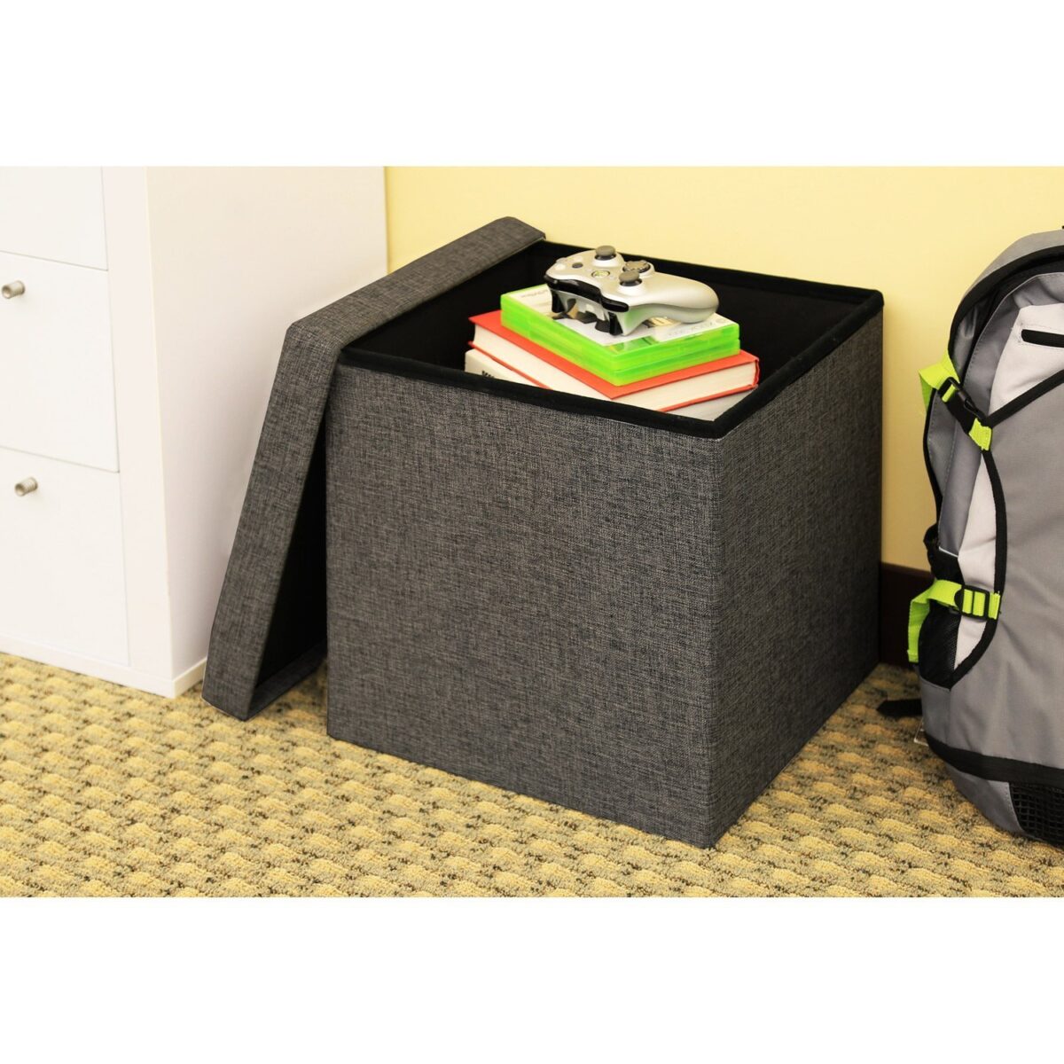Living Room Cube Shape Sitting Stool with Storage Box 30 X 30 X 30 cm Foldable Storage Bins Multipurpose Clothes, Books, and Toys Organizer with Cushion Seat Lid (30*30*30, Grey)