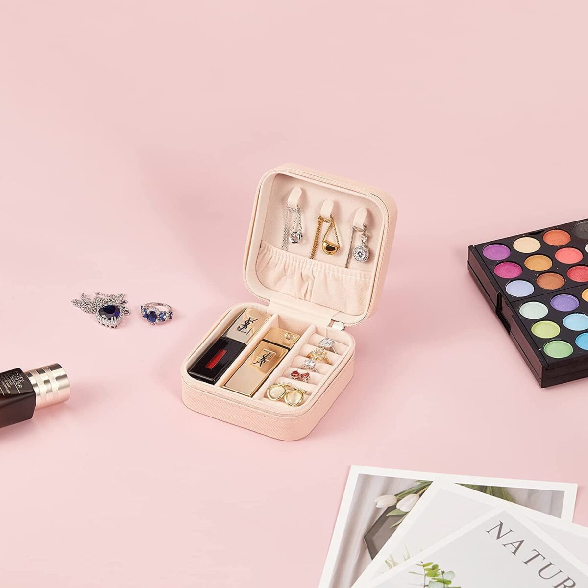 Portable PU Leather Small Travel Jewelry Organizer Storage Box for Women Travel Ring, Pendant, Earring, Necklace