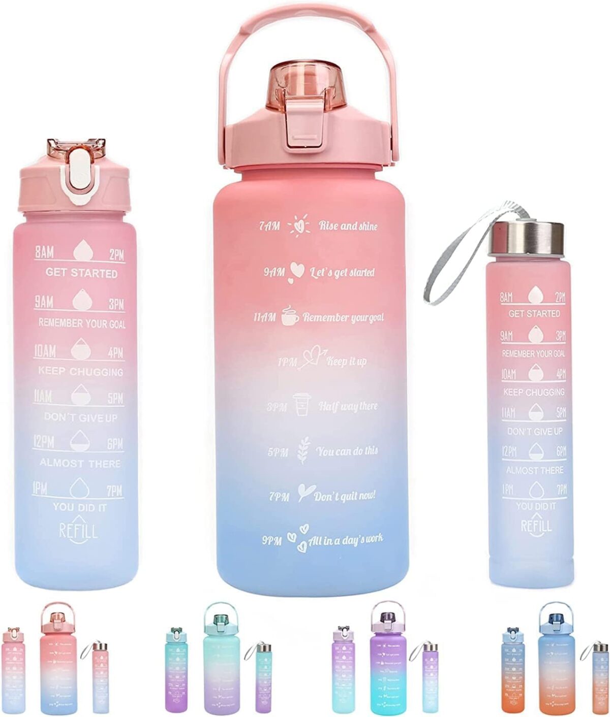 Plastic Water Bottle 3 Pcs Set With Motivational Time Marker With Straw, Leakproof Bpa Free Non-Toxic Water Bottle 2000 Ml For Office, Sports, Gym