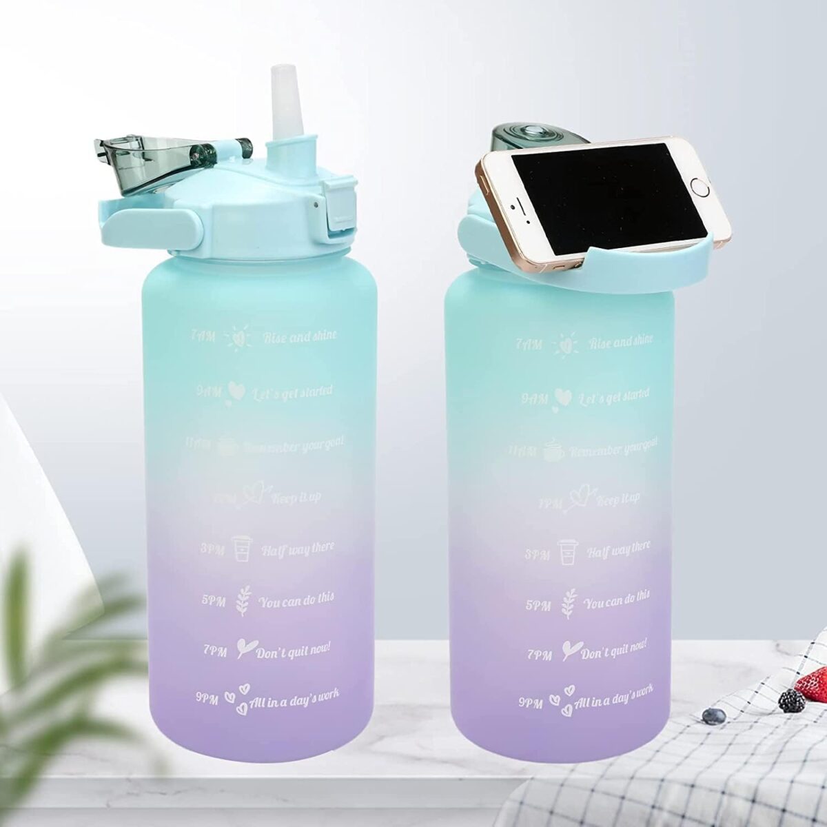Plastic Water Bottle 3 Pcs Set With Motivational Time Marker With Straw, Leakproof Bpa Free Non-Toxic Water Bottle 2000 Ml For Office, Sports, Gym