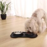 Dog Bone Shaped Stainless Steel Pet Bowl Combo with Non-Slip Foldable Silicone Base, Double Feeding Bowl Combo for Providing Food and Water to Beloved Dog, Puppies & Cats, Black (Pack of 1)