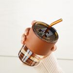 lass Sipper with Lid and Straw 400 ml,Cold Coffee Glass Tumbler with with Leakproof Resuable Straw & Leather Grip Cover Glass Jar Tea Milk Mug Cup Bottle Sillicone.