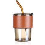lass Sipper with Lid and Straw 400 ml,Cold Coffee Glass Tumbler with with Leakproof Resuable Straw & Leather Grip Cover Glass Jar Tea Milk Mug Cup Bottle Sillicone.