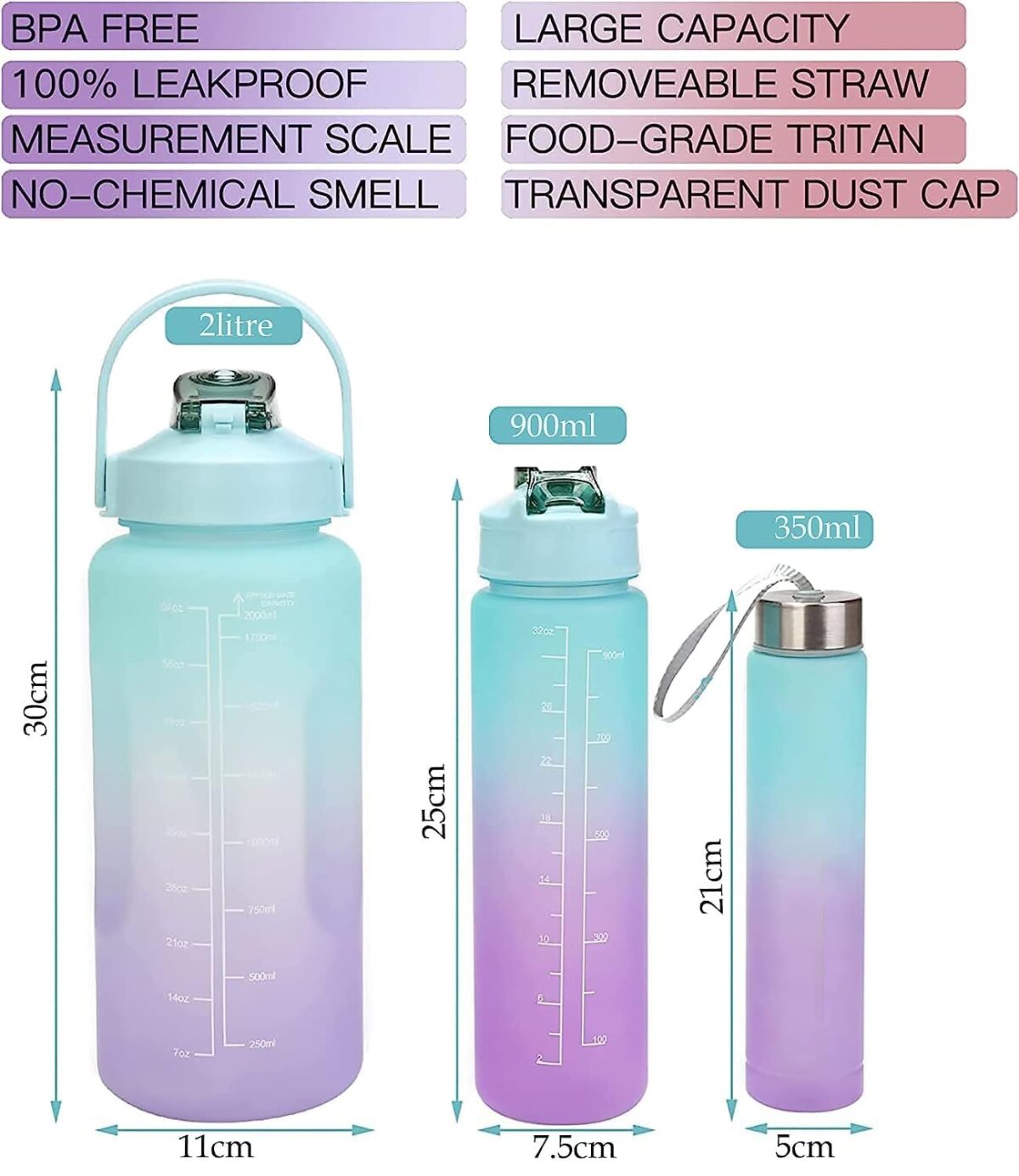 Plastic Water Bottle 3 Pcs Set With Motivational Time Marker With Straw, Leakproof Bpa Free Non-Toxic Water Bottle 2000 Ml For Office, Sports, Gym