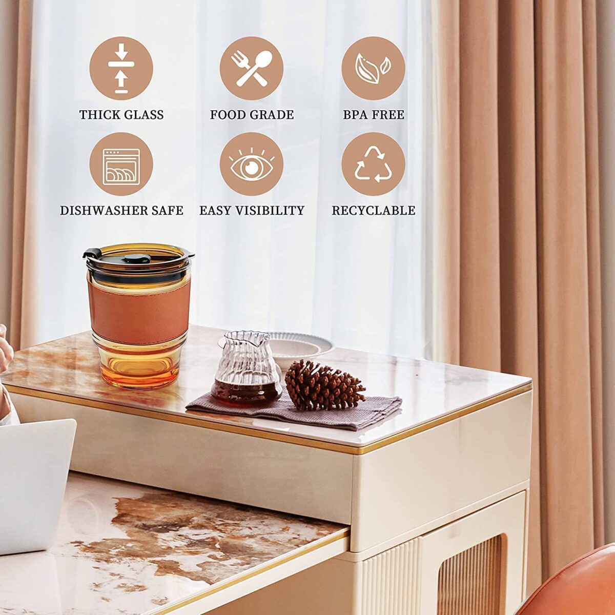 lass Sipper with Lid and Straw 400 ml,Cold Coffee Glass Tumbler with with Leakproof Resuable Straw & Leather Grip Cover Glass Jar Tea Milk Mug Cup Bottle Sillicone.