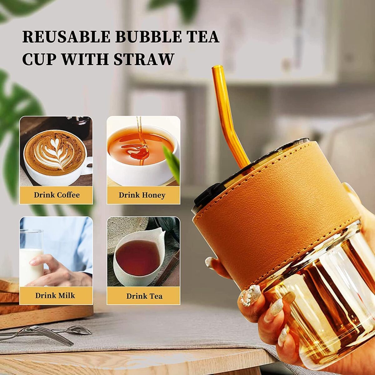 lass Sipper with Lid and Straw 400 ml,Cold Coffee Glass Tumbler with with Leakproof Resuable Straw & Leather Grip Cover Glass Jar Tea Milk Mug Cup Bottle Sillicone.
