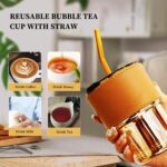 lass Sipper with Lid and Straw 400 ml,Cold Coffee Glass Tumbler with with Leakproof Resuable Straw & Leather Grip Cover Glass Jar Tea Milk Mug Cup Bottle Sillicone.
