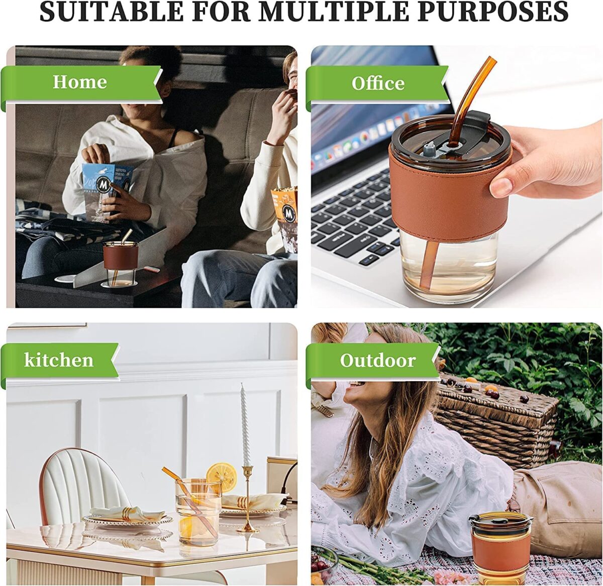 lass Sipper with Lid and Straw 400 ml,Cold Coffee Glass Tumbler with with Leakproof Resuable Straw & Leather Grip Cover Glass Jar Tea Milk Mug Cup Bottle Sillicone.