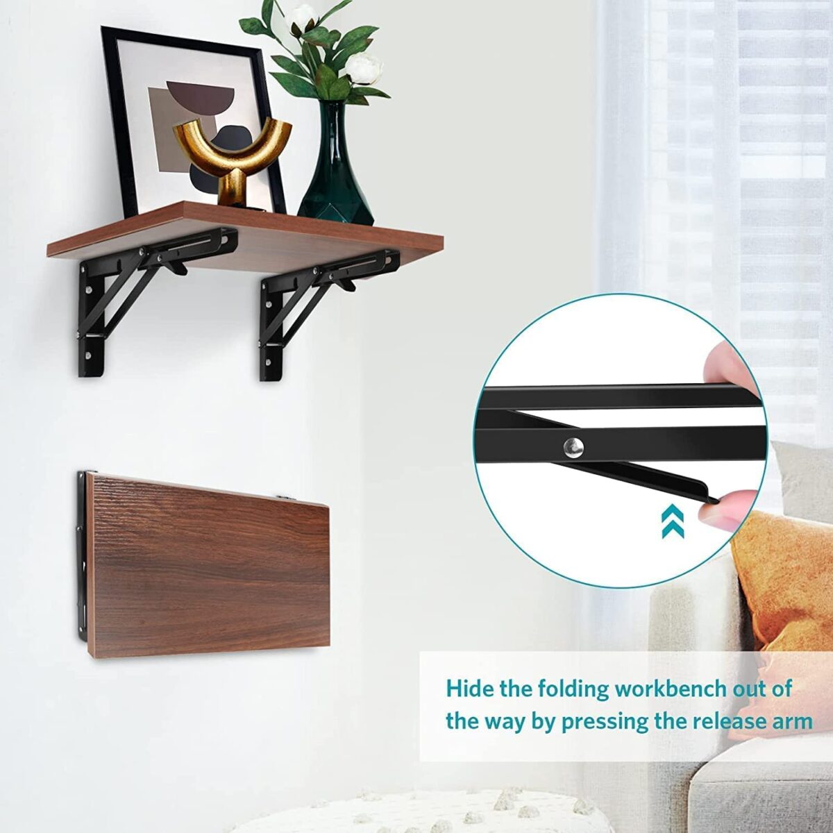 Folding Shelf Brackets - Heavy Duty Metal Collapsible Shelf Bracket for Bench Table, Shelf Hinge Wall Mounted Space Saving DIY Bracket 1 Pair (Folding Shelf Brackets - 20CM)
