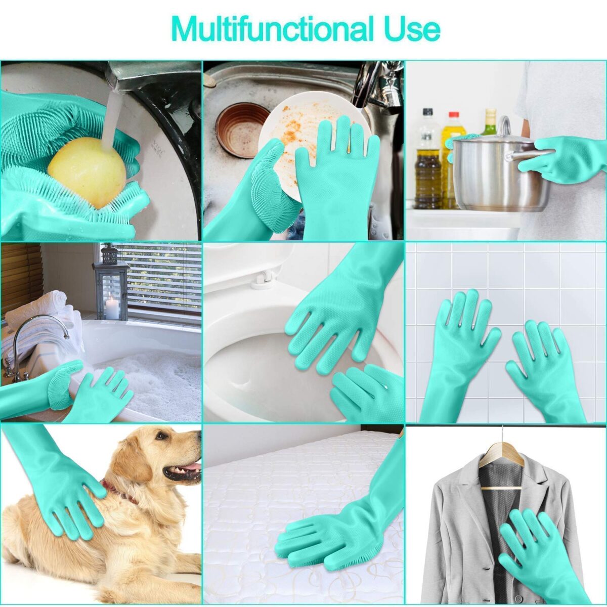 Heavy Duty Silicone Cleaning Hand Gloves, Non-Slip, Dishwashing & Pet Grooming, Magic Latex Gloves for Household Cleaning Great for Protecting Hands in Dishwashing (Multicolor, pack of 1 Pair)