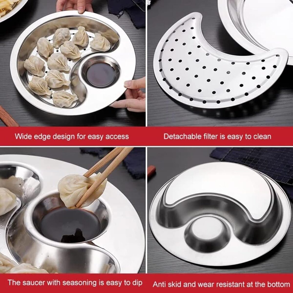 Stainless Steel Double Layer Dumpling Plate with Sauce Tray Chip Fruit Dish Drainer Set with Dipping Saucer Dish with Sauce Tray for Dinner Kitchen Tool & Accessories