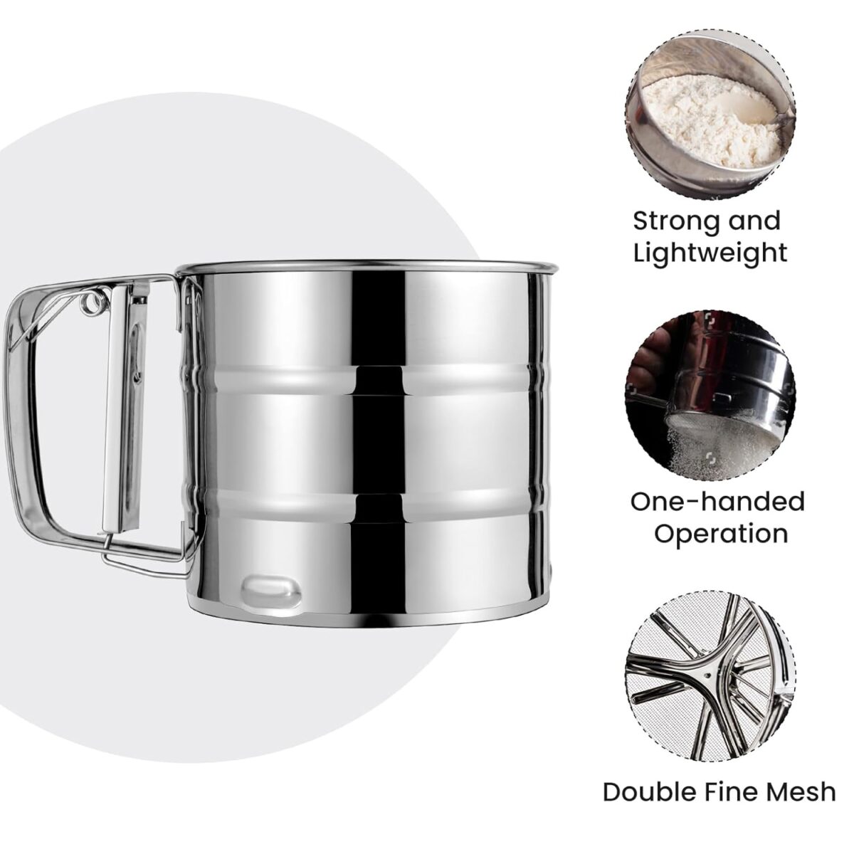 Flour Sifter, Stainless Steel Sifter for Baking, Double Layer Fine Mesh Baking Sifter, One Hand Press Crank Sifter for Powdered Sugar Shaker Duster, Flour Sieve Sifter for Baking Cakes