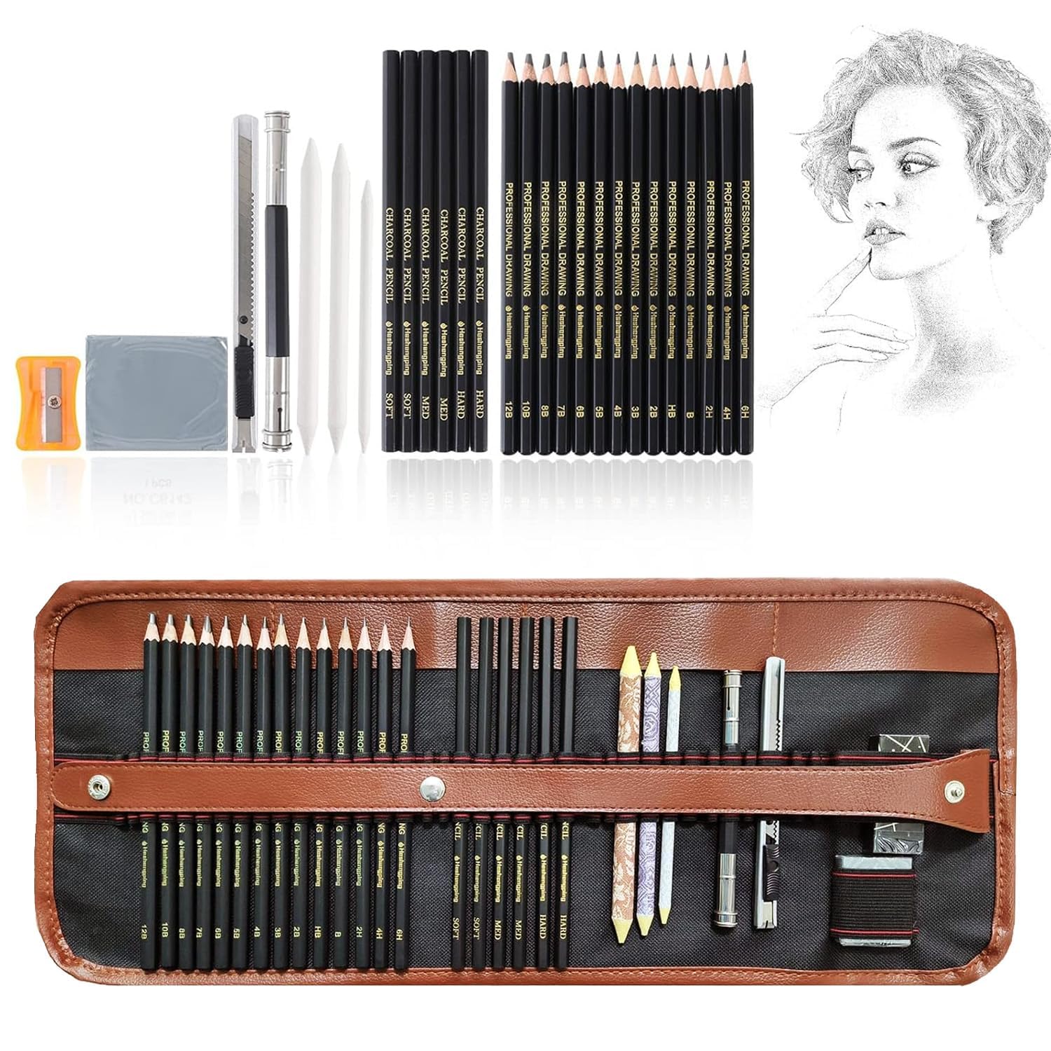 Pencil Set, Professional Drawing Pencils and Sketch Kit Includes Graphite Pencils, Charcoal Pencils, Paper Erasable Pen, Craft Knife 29pcs Total for Beginners Artist