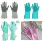 Heavy Duty Silicone Cleaning Hand Gloves, Non-Slip, Dishwashing & Pet Grooming, Magic Latex Gloves for Household Cleaning Great for Protecting Hands in Dishwashing (Multicolor, pack of 1 Pair)