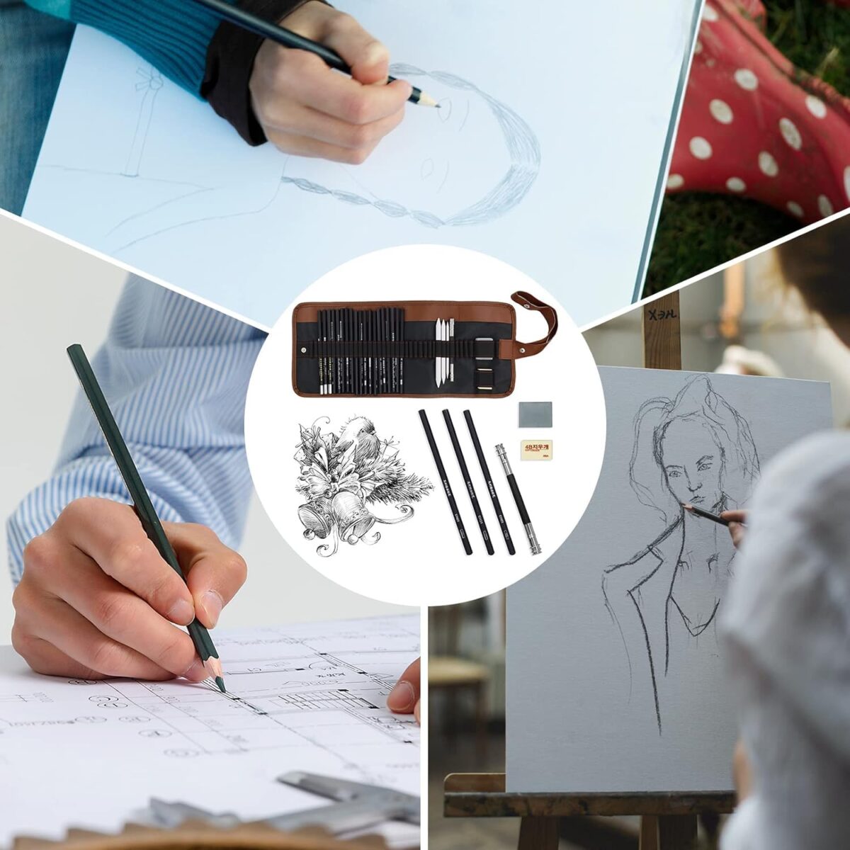 Pencil Set, Professional Drawing Pencils and Sketch Kit Includes Graphite Pencils, Charcoal Pencils, Paper Erasable Pen, Craft Knife 29pcs Total for Beginners Artist