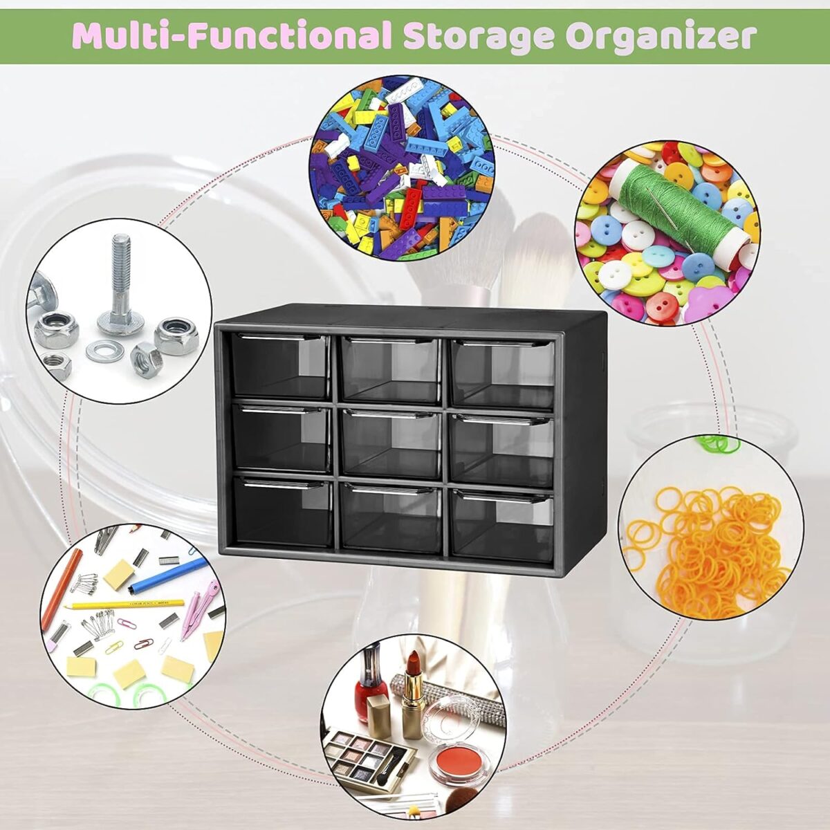 9 Grid Mini Plastic Acrylic Multipurpose Drawer Storage Box for Multi-Layer Jewelry Sundries Organizer Desktop Office Supplies Cabinet- Black