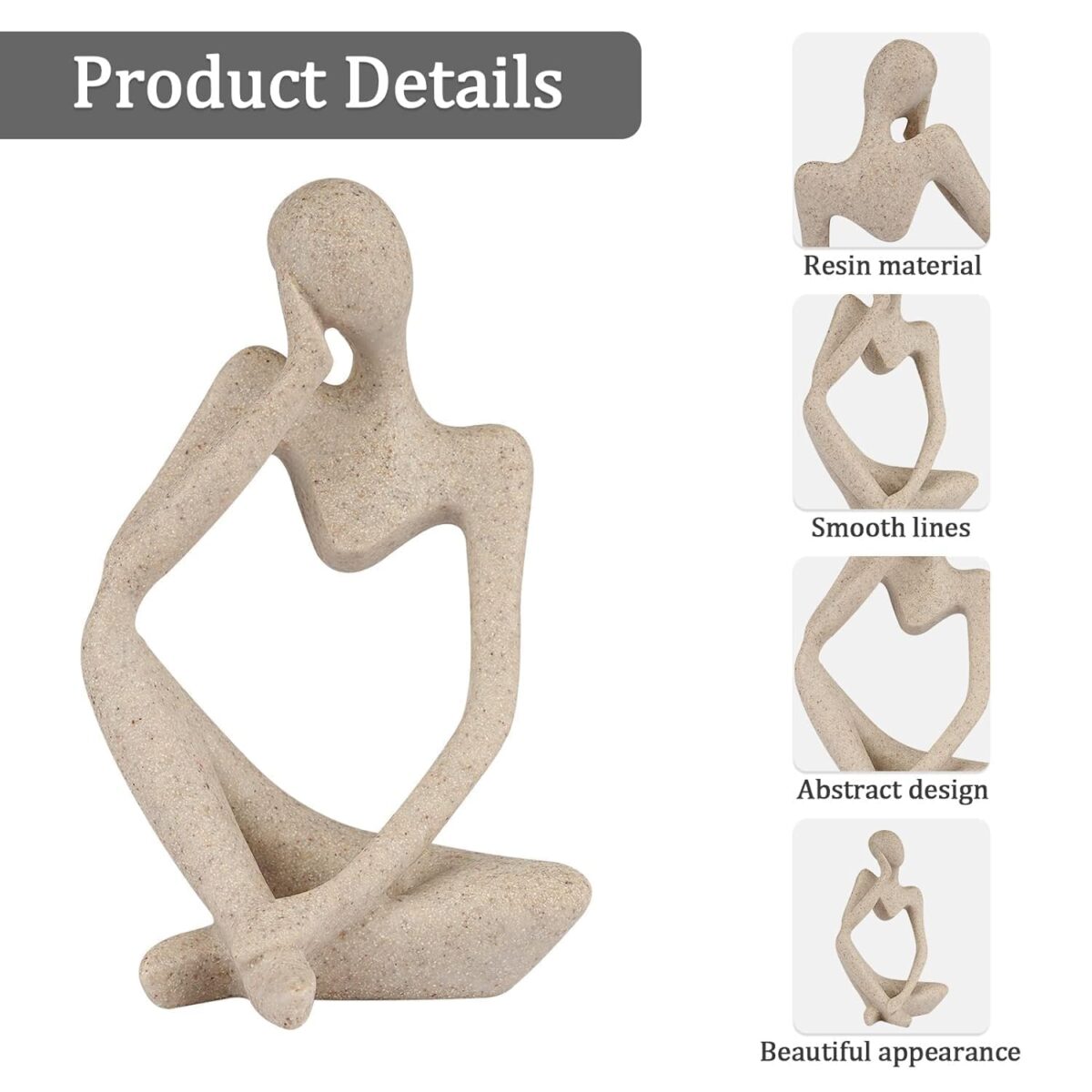 Human Statue Bookshelf Decor Premium Ceramic Thinker Sandstone Resin Thinker Style Abstract Sculpture Statue Figure Craft Art for Bookcase Shelf Counter Left Coffee Table Desktop Decor
