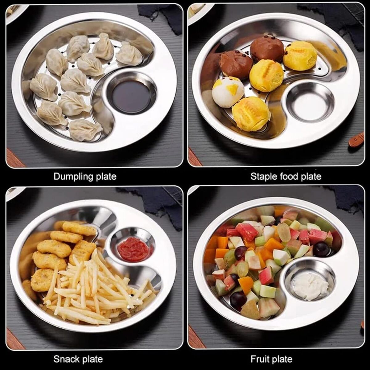 Stainless Steel Double Layer Dumpling Plate with Sauce Tray Chip Fruit Dish Drainer Set with Dipping Saucer Dish with Sauce Tray for Dinner Kitchen Tool & Accessories