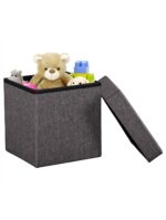 Living Room Cube Shape Sitting Stool with Storage Box 30 X 30 X 30 cm Foldable Storage Bins Multipurpose Clothes, Books, and Toys Organizer with Cushion Seat Lid (30*30*30, Grey)