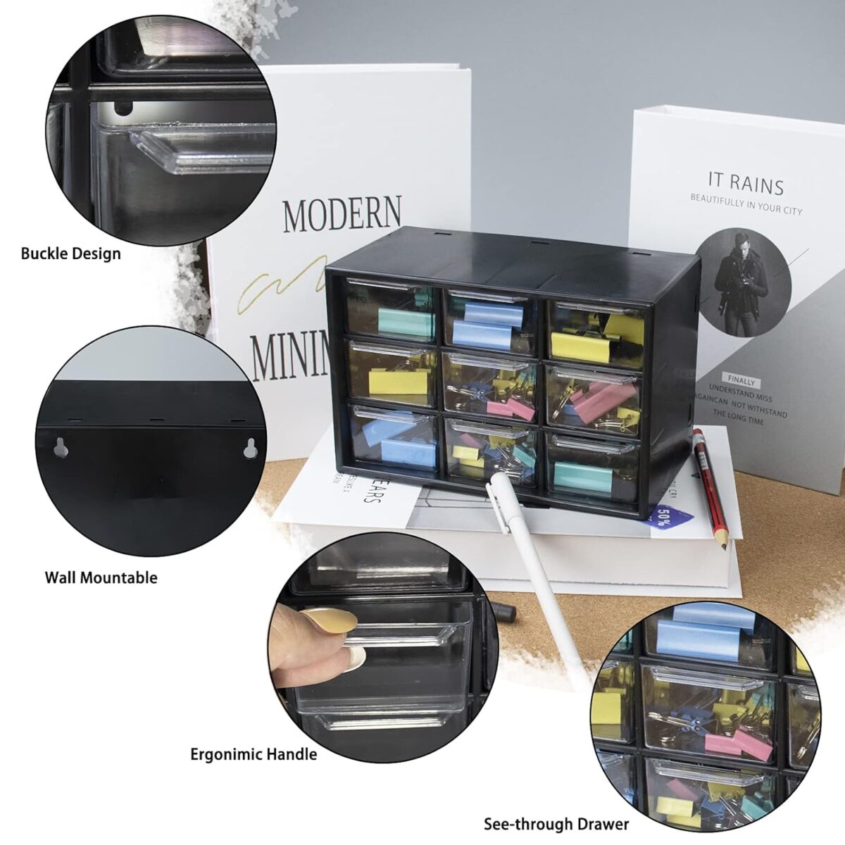 9 Grid Mini Plastic Acrylic Multipurpose Drawer Storage Box for Multi-Layer Jewelry Sundries Organizer Desktop Office Supplies Cabinet- Black