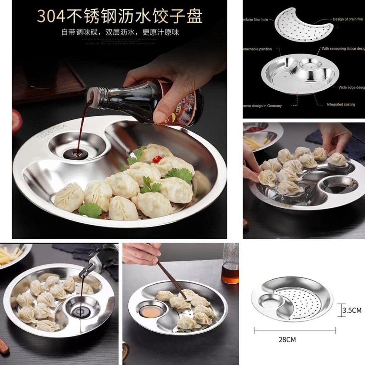 Stainless Steel Double Layer Dumpling Plate with Sauce Tray Chip Fruit Dish Drainer Set with Dipping Saucer Dish with Sauce Tray for Dinner Kitchen Tool & Accessories