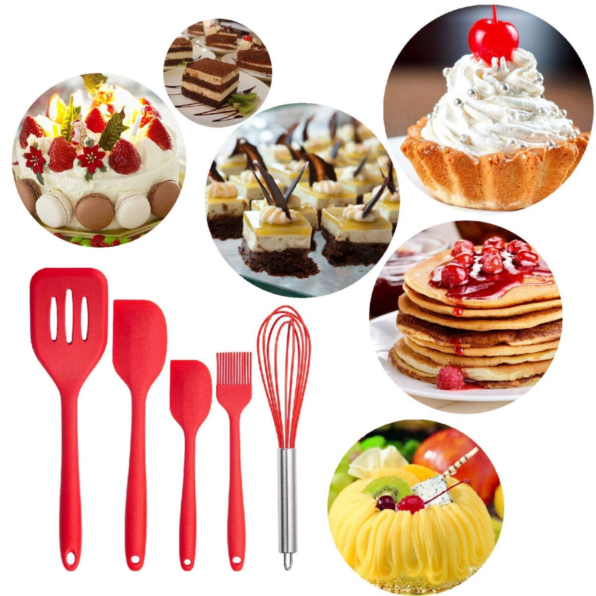 Silicone Kitchen Utensil Set Kitchenware 5PCS Silicone Kitchen Utensils Set Spatulas Brush Cooking Tools, Easy to Use & Clean, Red