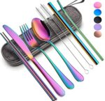 8-PCS Rainbow Cutlery Set | Colorful Portable Utensils Set | Reusable Silverware Cutlery for Outdoor,Travel,Camping | Stainless Steel Flatware & Dinnerware Set (Set of 1,Multicolor)