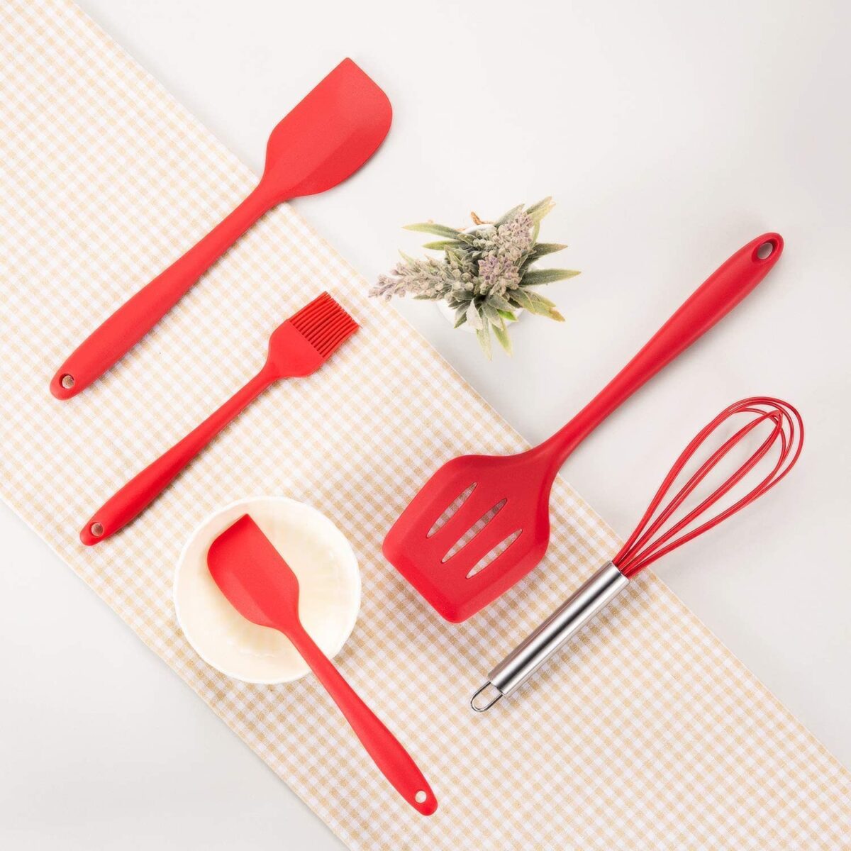 Silicone Kitchen Utensil Set Kitchenware 5PCS Silicone Kitchen Utensils Set Spatulas Brush Cooking Tools, Easy to Use & Clean, Red