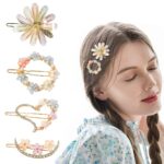 Latest Korean Fancy Bling Pearl Hair Clips Lock Hair Clip Pin Mini Clutcher Hair Accessories Set For Women Girls Girlfriend Ladies Long Short Hair Elegant-4PCS (FLOWER)